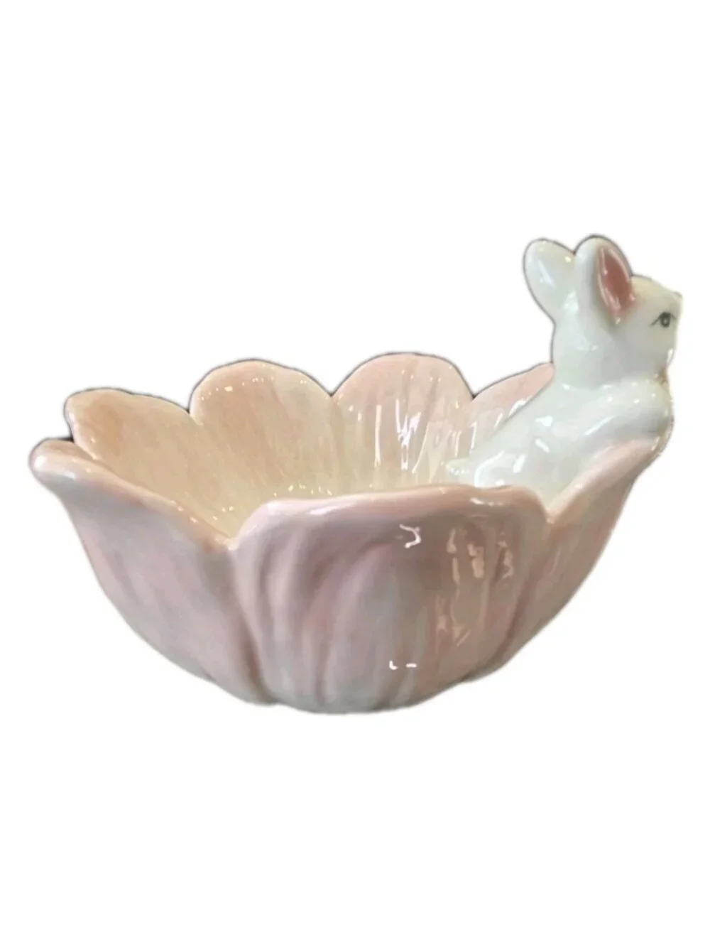New Pink Easter Bunny Flower Shaped Serving Dish Bowl Decorative Spring Decor
